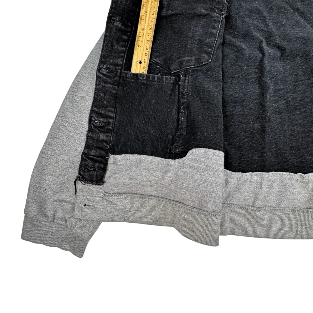Risen Layered Denim Jacket Removable Hood Womens 2XL Black Distressed Gray Terry